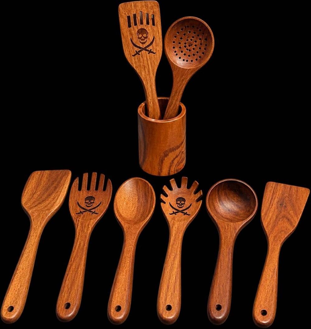 ZDAUK 9-Piece Acacia Wood Pirate Skull Kitchen Utensil Set w/ Holder Gothic